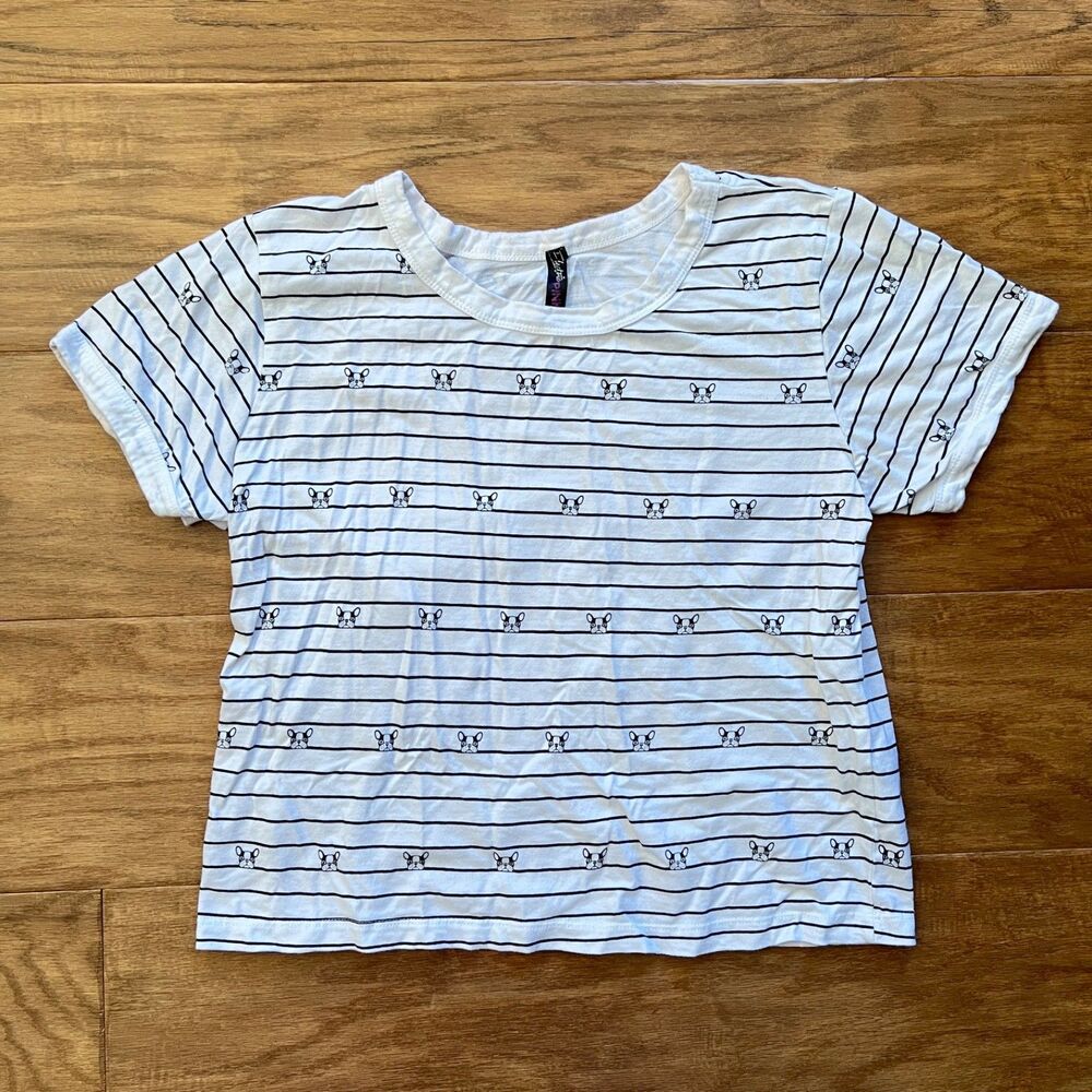 Electric Pink Cropped Tee T-Shirt Size M French Bulldog Stripe White Black